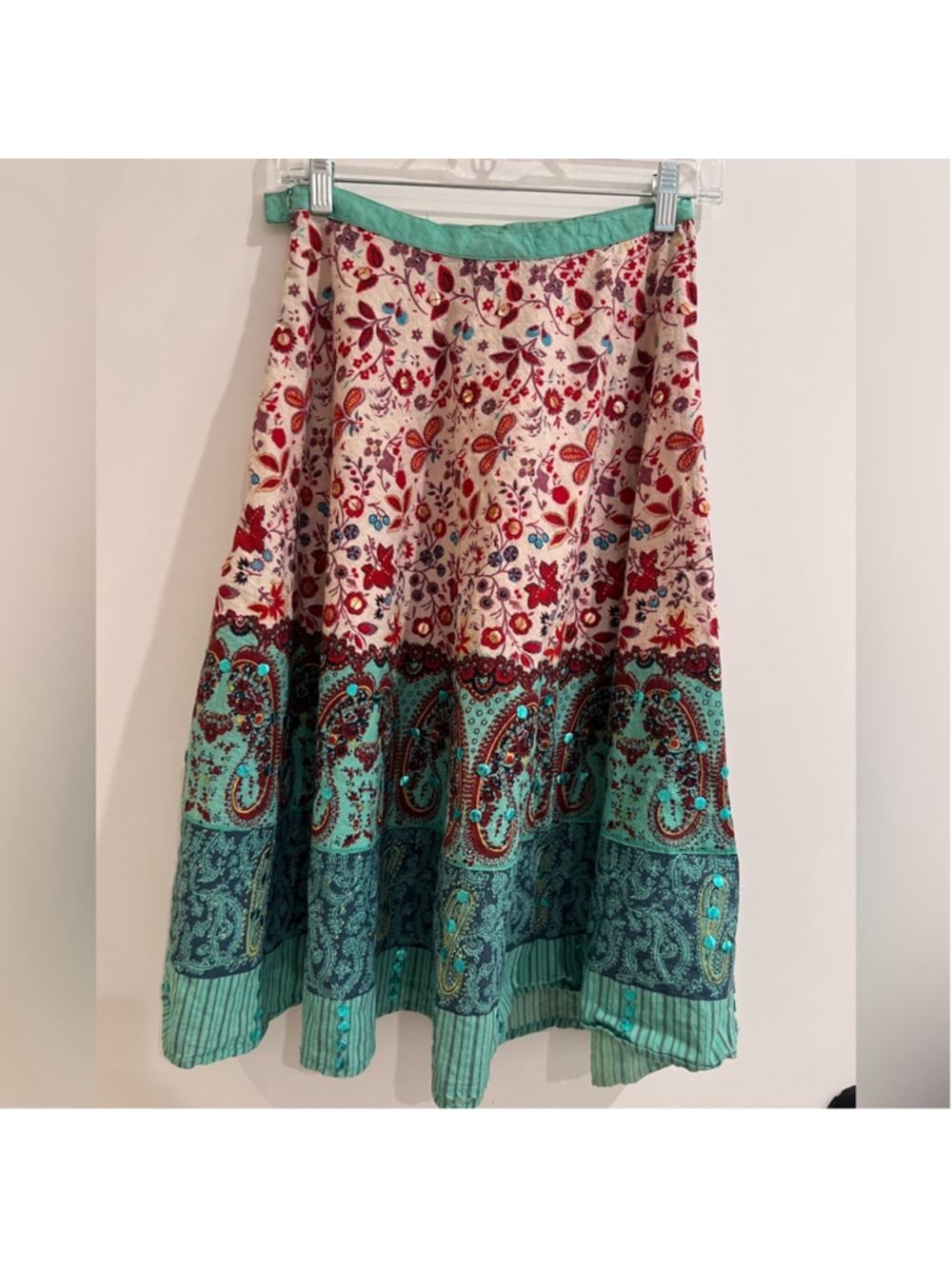 Vintage Magic Boho Patchwork Midi Skirt Teal & Red Floral Sequin Paisley XS-S